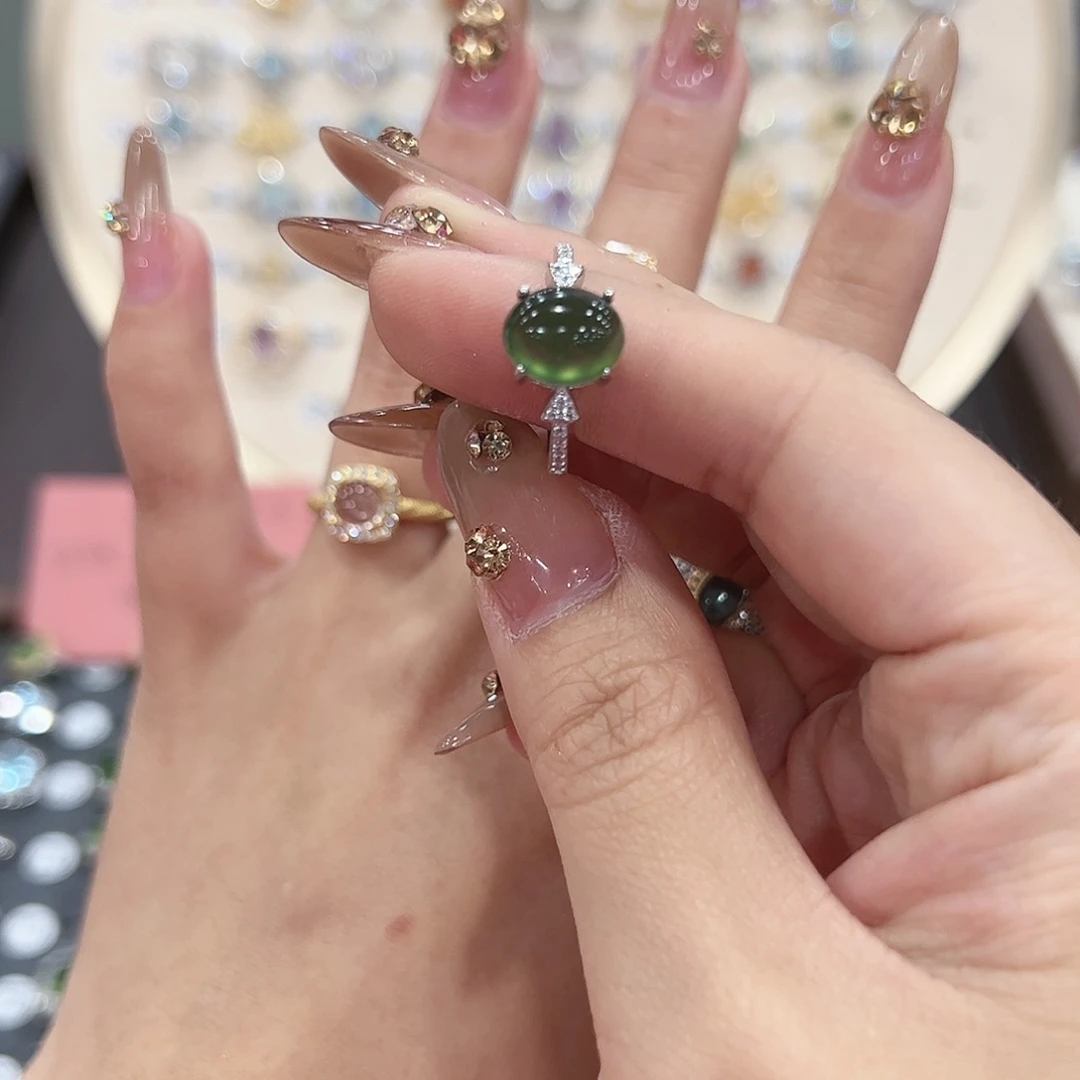 蛇纹石玉戒指银S925镶嵌L*?