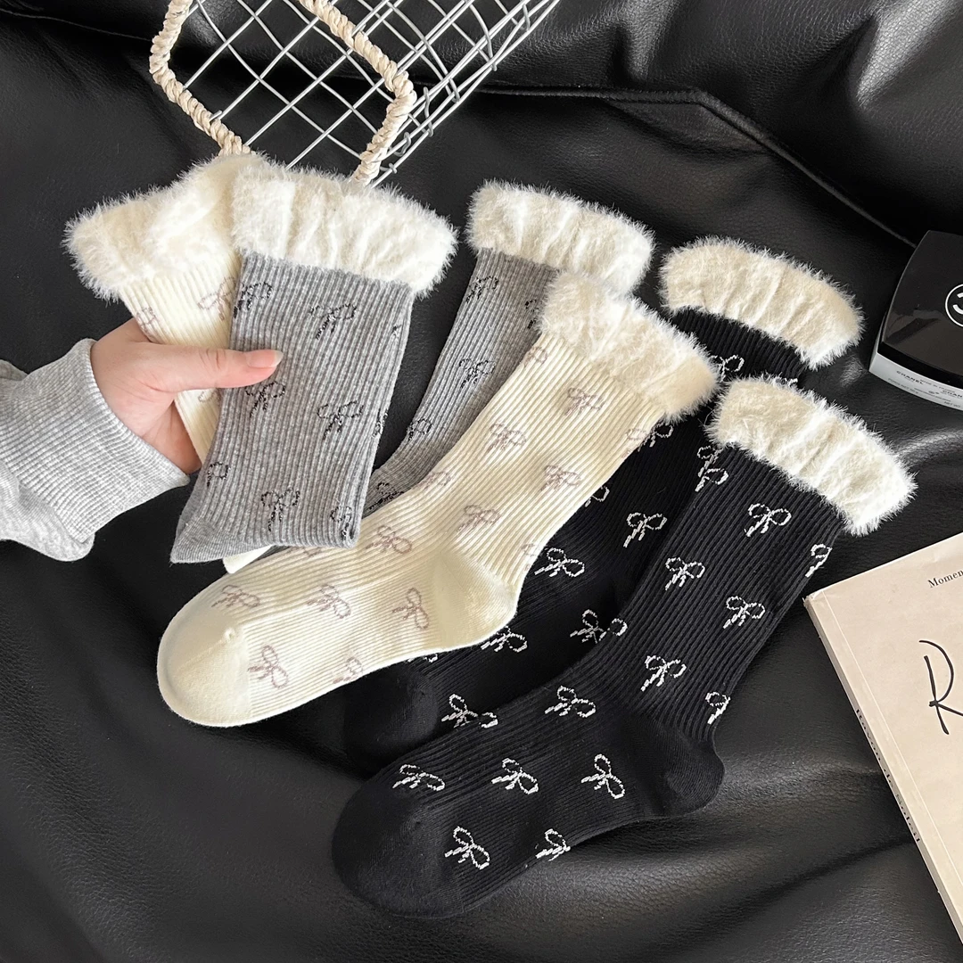 秋冬可爱毛毛袜口蝴蝶结中筒袜子女微压公主风棉袜时尚外穿新品