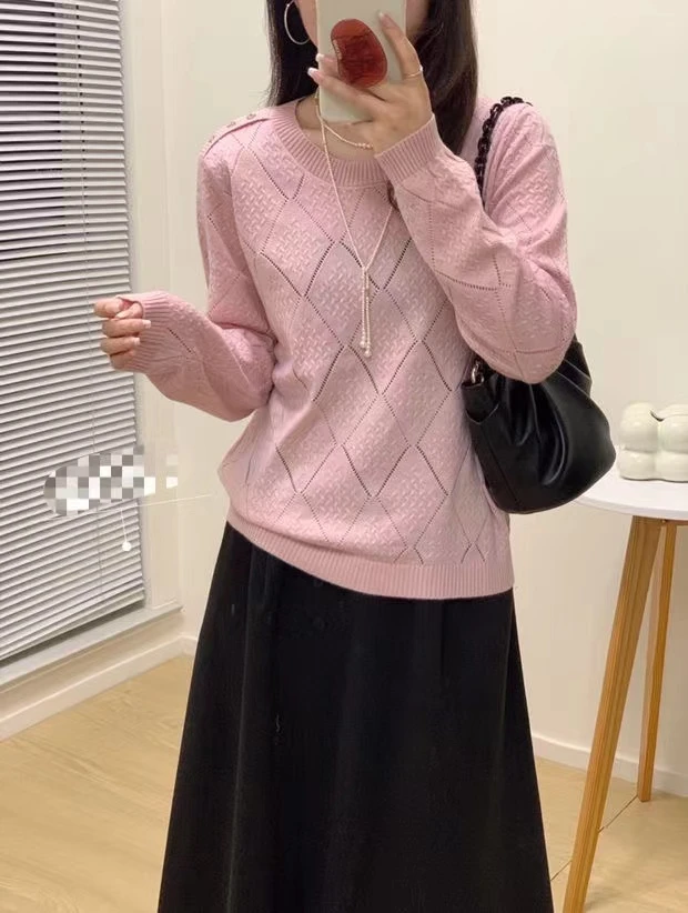 花花/3894-镂空女士纯色针织提花毛衣显瘦百搭打底衫