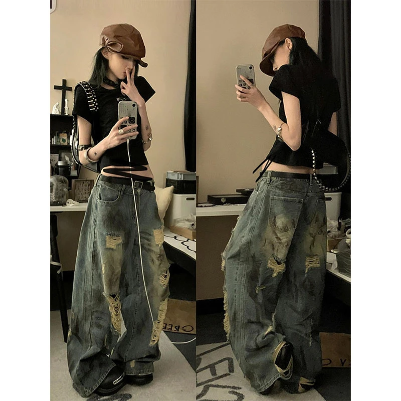 美式复古泼墨破洞牛仔裤女2025夏季新款水洗做旧垂感直筒拖地裤子