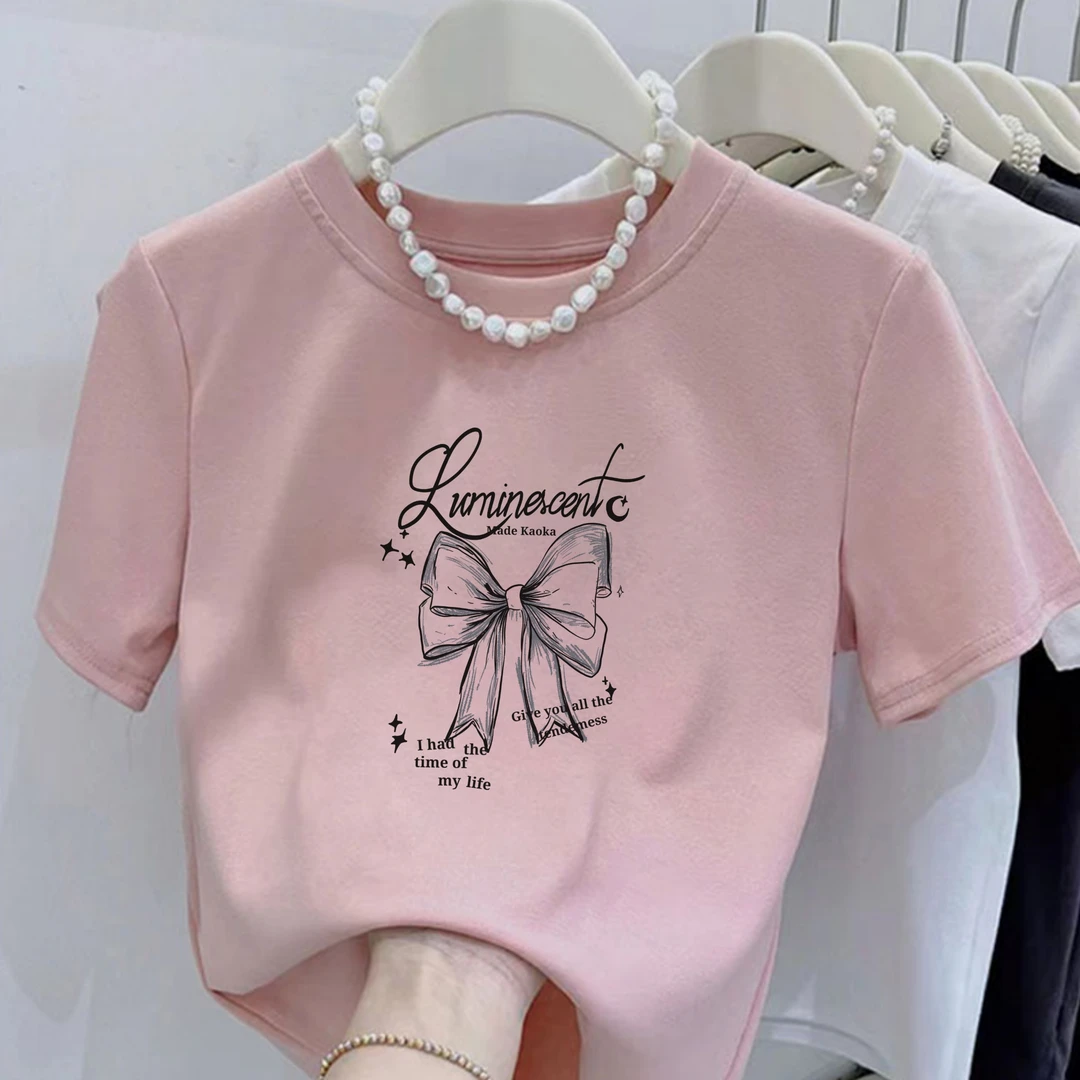 2025新款圆领法式蝴蝶结印花纯棉短袖小个子女修身显瘦百搭上衣