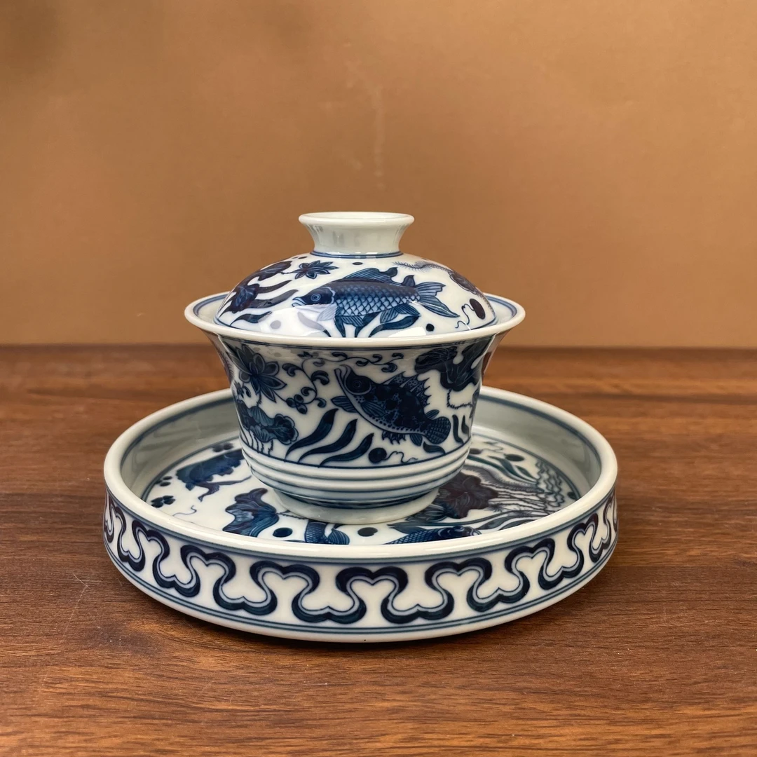 【记石柴窑】鱼藻盖碗壶承手工手绘景德镇茶具容量150毫升