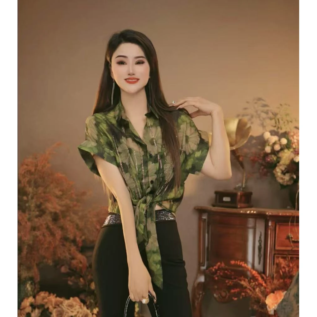 荷新华8501夏季新款时尚百搭宽松显瘦衬衫女短袖系带上衣潮