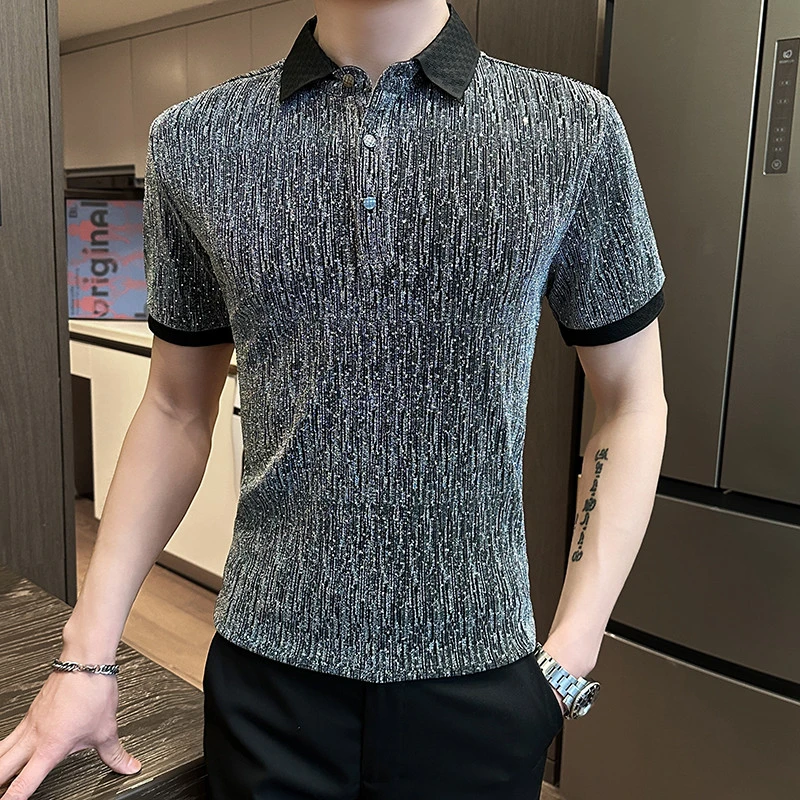 高级感夏季短袖POLO衫男款烫钻痞帅上衣男装2025新款半袖体恤衫潮