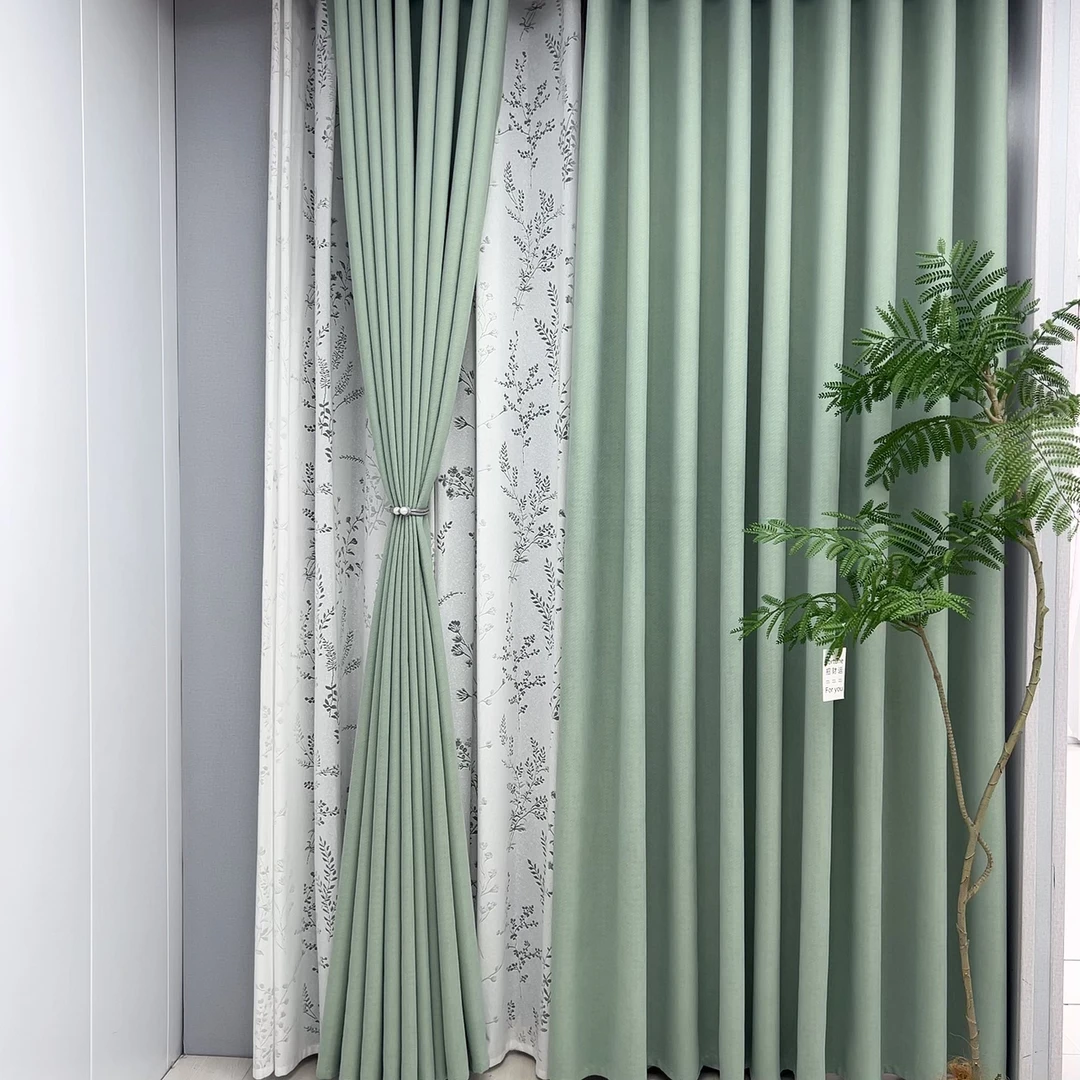6米对开新款（千鸟格 雪尼尔）抹茶绿纯色窗帘