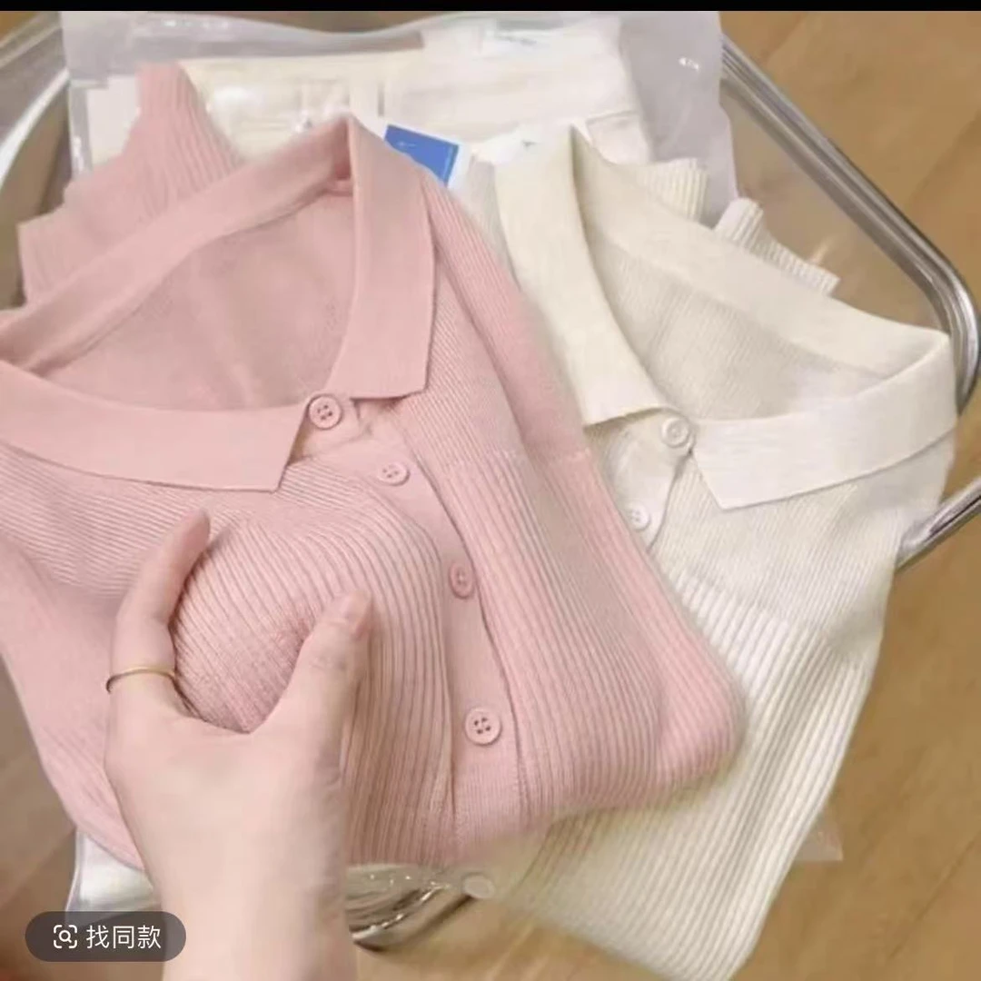 2025年春季新款宽松百搭纯色单排扣POLO领针织开衫外套上衣女装03