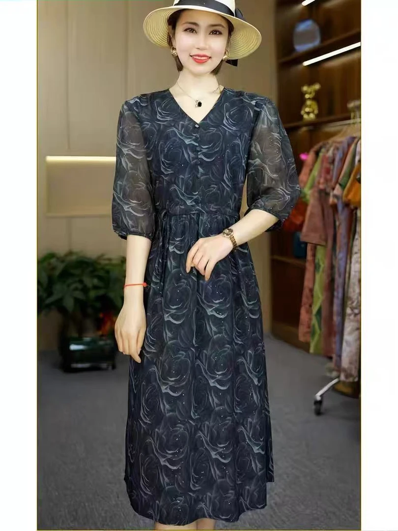 【玉如意】黑色风情玫瑰高级连衣裙时尚修身气质夏季中长款法式裙