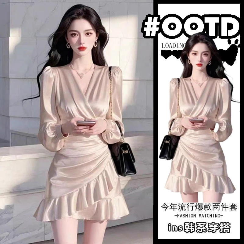 高级感气质收腰长袖连衣裙女装2025春季新款洋气小个子缎面短裙子