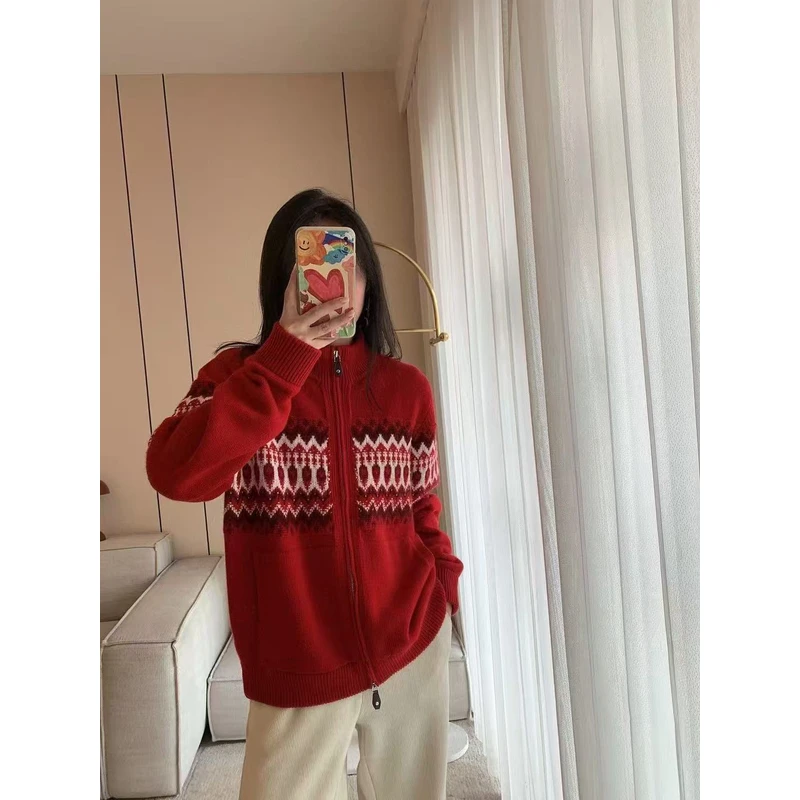 100%山羊绒重工加厚提花飞行员拉链开衫80056890990