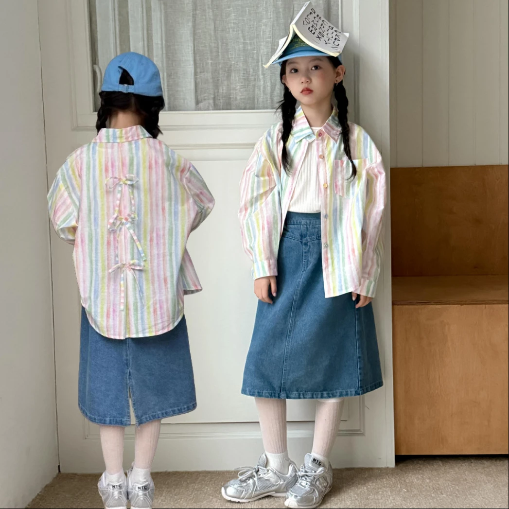 儿童韩版衬衫童装2025春女孩防晒衣甜美条纹长袖衬衣牛仔半裙套装