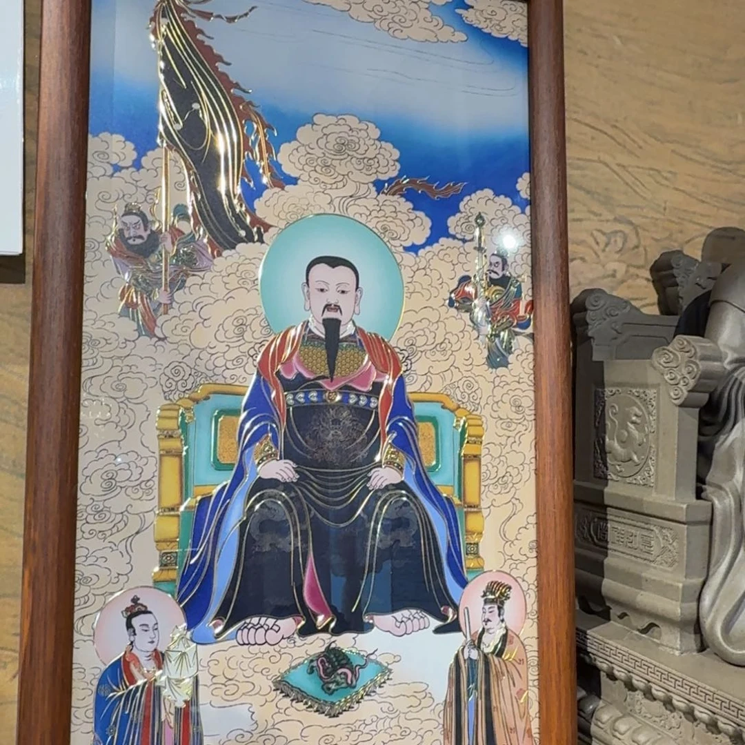 黄铜真武大帝铜画 焱彩铜金画35*65CM