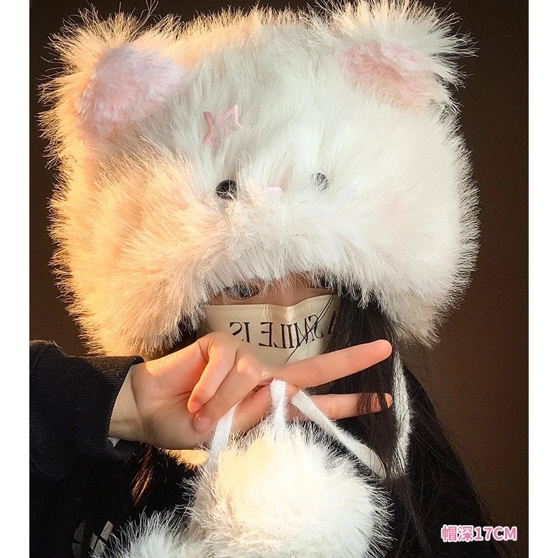 可爱发夹猫咪毛绒帽子女冬季加厚保暖防寒护耳雷锋帽护颈围脖
