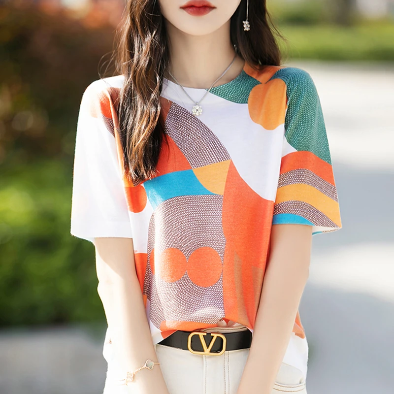 拉夏贝尔时尚彩色印花短袖t恤女夏季2025新款设计感洋气针织上衣