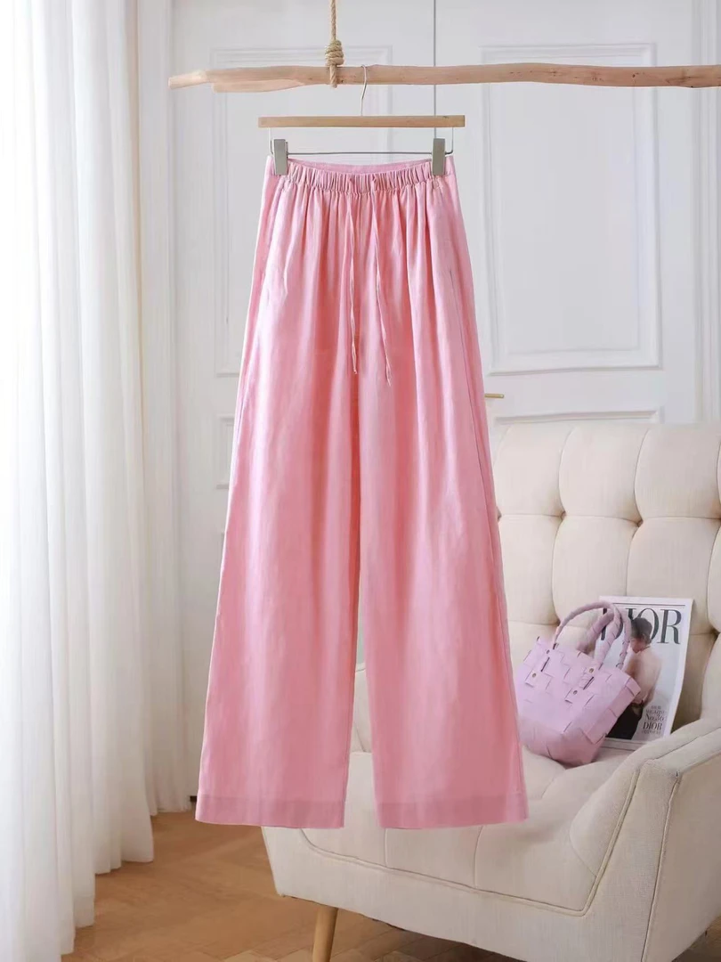 (8351）亚麻女高腰垂感2025夏季薄新款宽松显瘦麻料休闲直筒裤