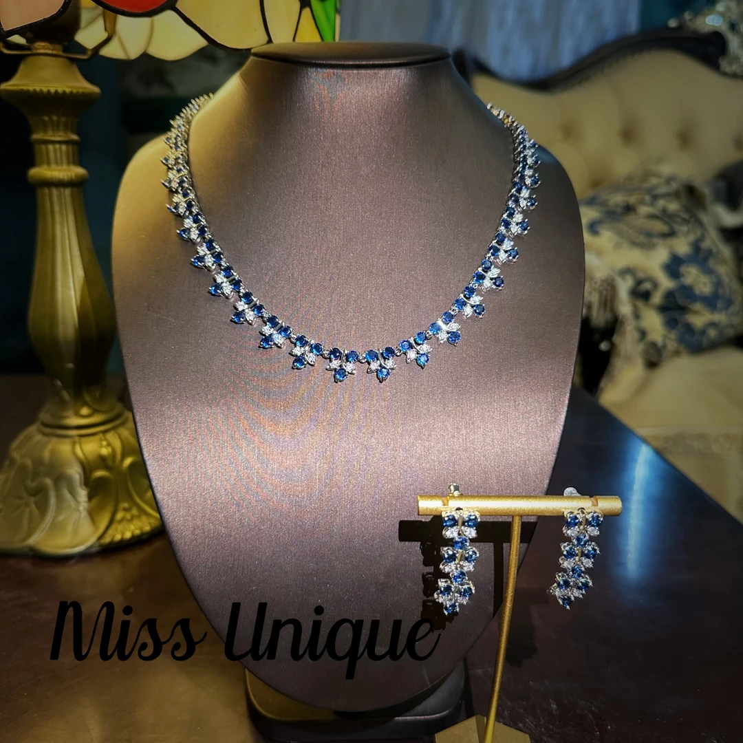 （E8504）蓝色三颗小枝叶项链套装