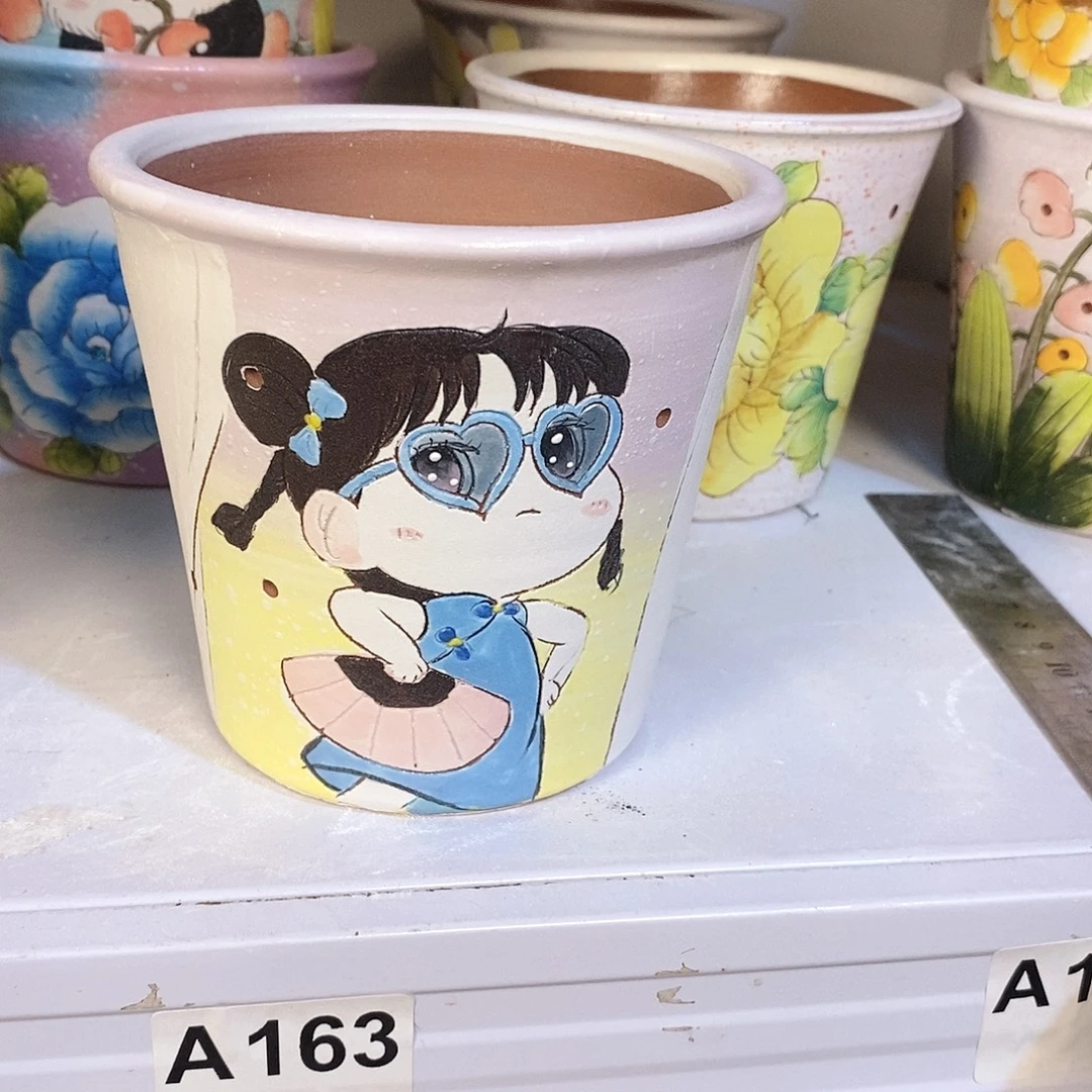 紫砂花盆红陶手绘花盆