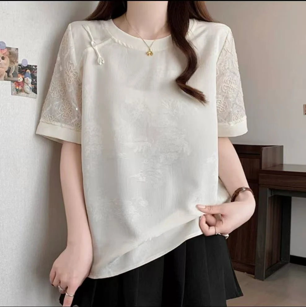 【珠翠】2025新中式国风上衣新款夏季蕾丝刺绣百搭短袖T恤提花透气