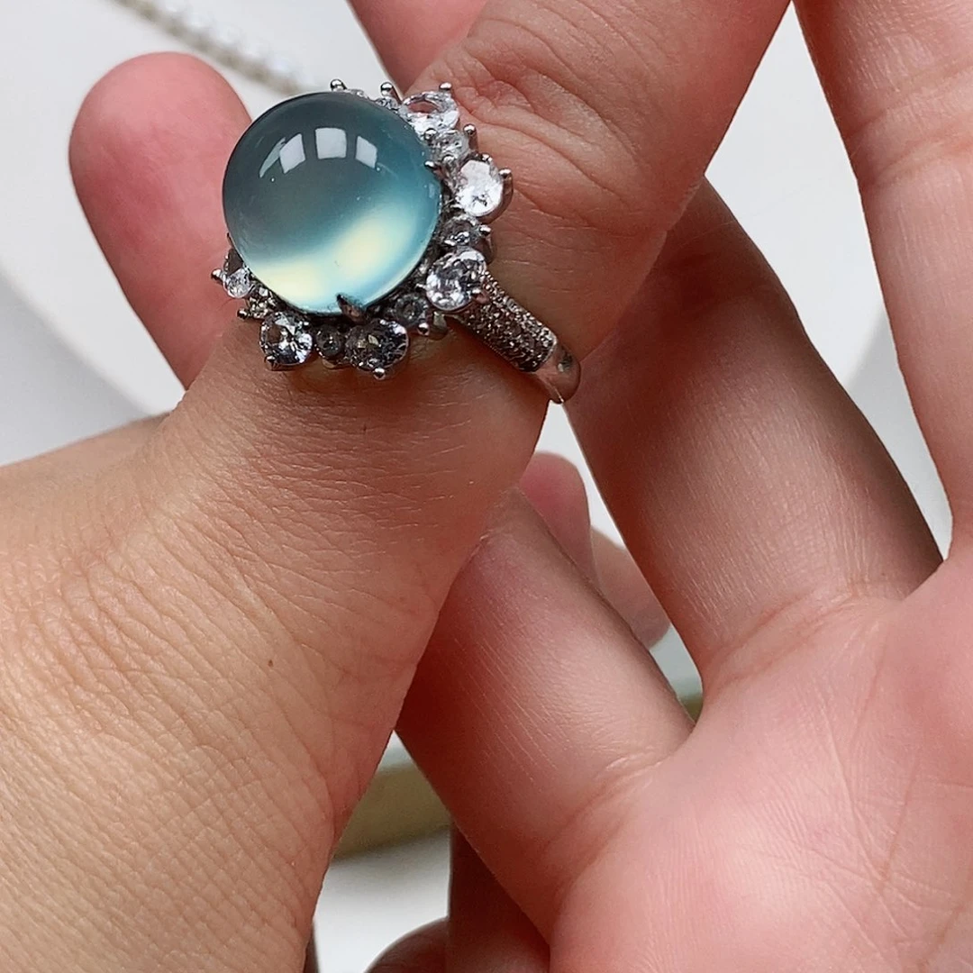 银S925镶嵌蛇纹石玉戒指卟*噜