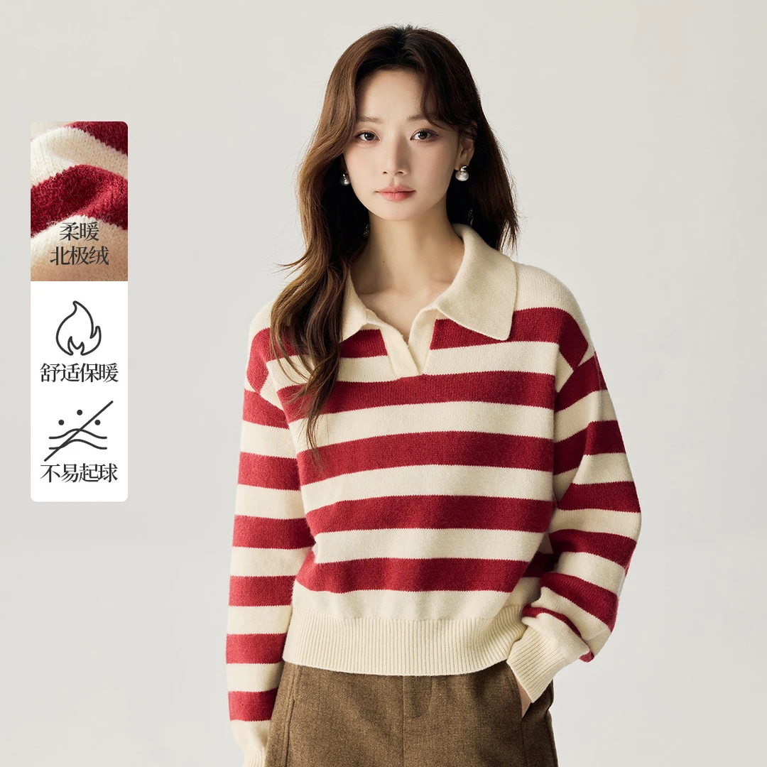 【茵曼女装】茵曼保暖慵懒针织上衣撞色条纹polo领毛衣F18448936