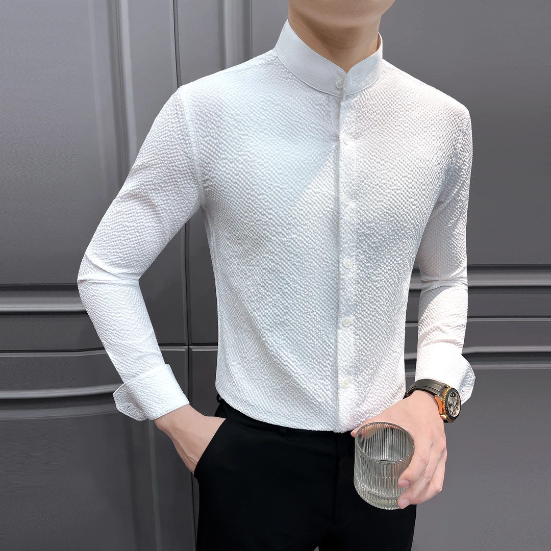 泡泡纱衬衫男款长袖春秋款痞帅高级感男装新中式立领修身男士衬衣