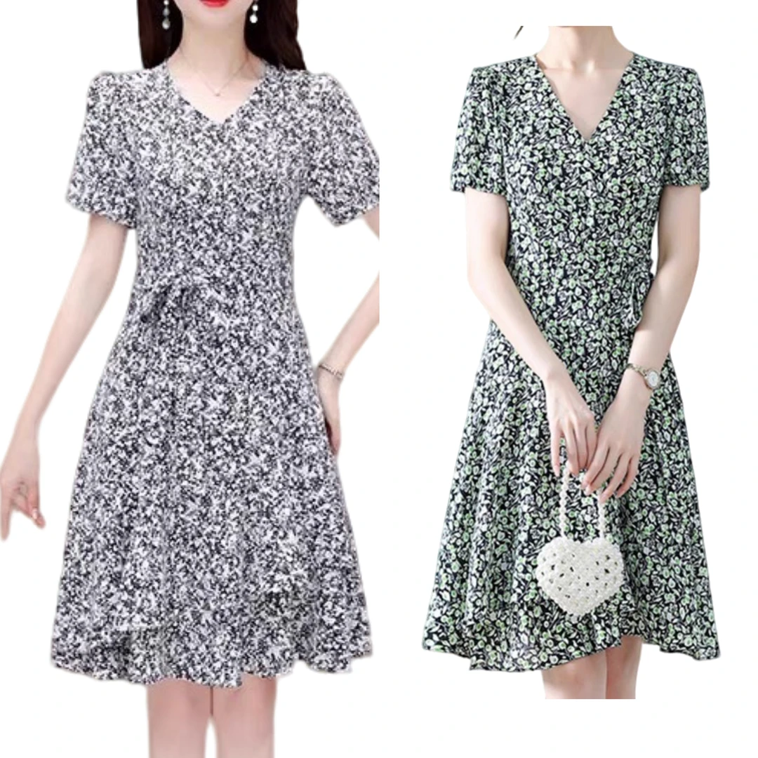 256B法式V领碎花显瘦不规则连衣裙夏季女装