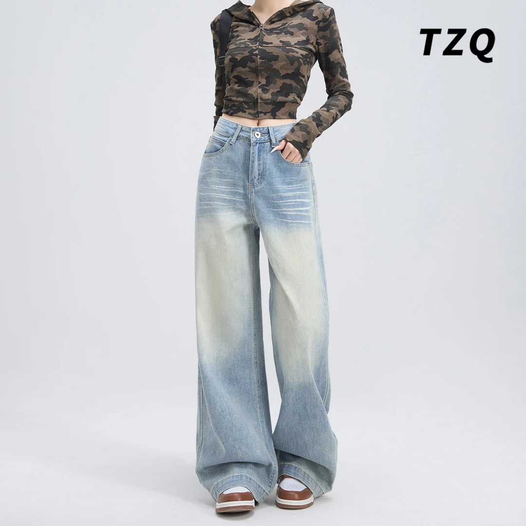 2025夏季新款拖地长裤美式高腰牛仔裤女宽松百搭阔腿裤TZQ122568