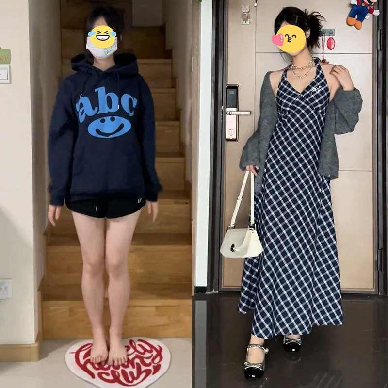 韩系学院风复古格纹挂脖露背吊带裙女慵懒风灰色针织开衫两件套