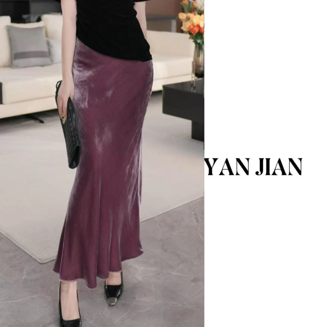 YAN JIAN【虞美人】100%真丝丝绒秋冬优雅鱼尾半身裙