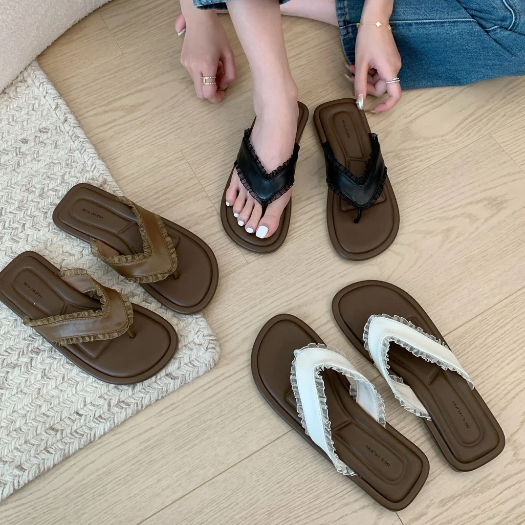 VEEFSHOW 3255-2 仙女风设计感沙滩人字拖纯色软底极简风罗马风格