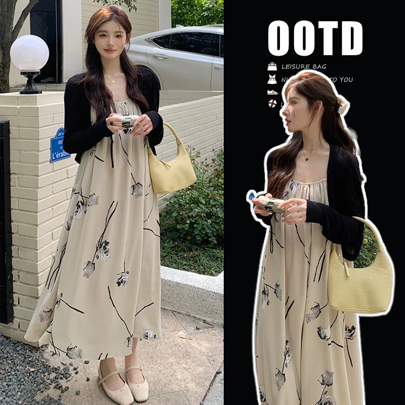 时髦孕妇装新款夏季新款复古水墨画吊带孕妇连衣裙时尚显瘦防晒衣