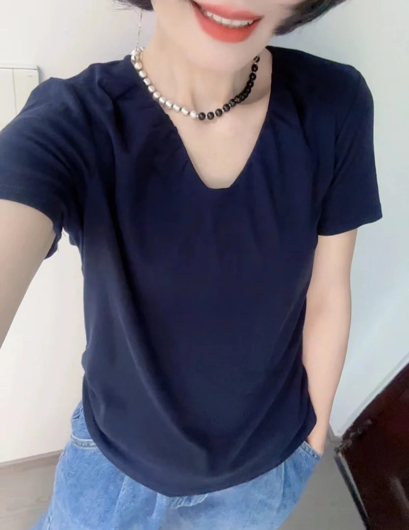 （小纪服饰专属）夏季新款褶皱时尚百搭V领短袖