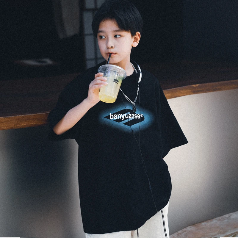 男童装2025年夏装新款儿童黑色短袖t恤夏季薄款半袖上衣25XT2580