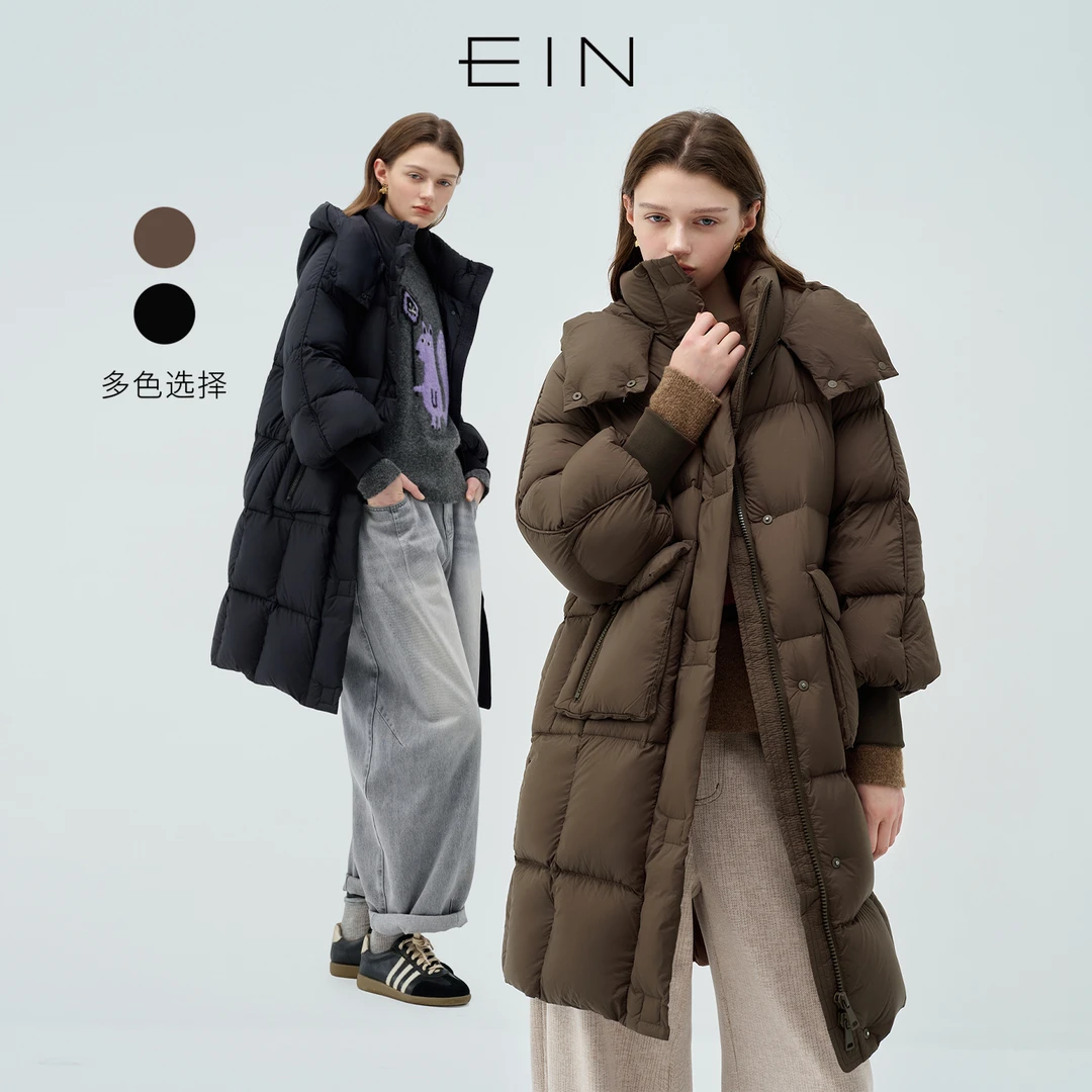 EIN/言轻暖泡芙90鹅绒翻盖拉链口袋连帽长羽绒服2025秋冬新款