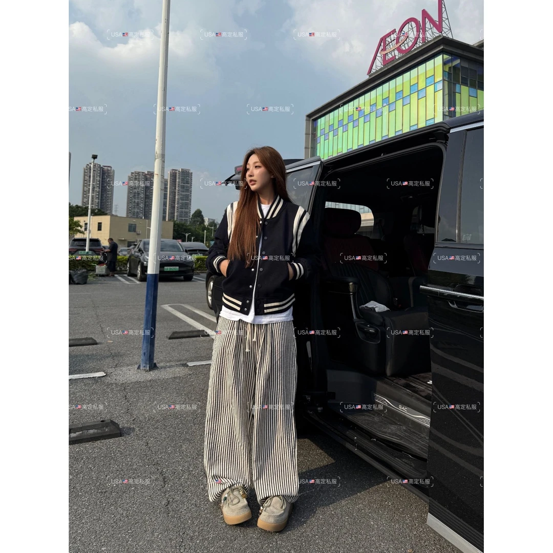 秋冬季V领按扣拼接撞色短外套运动风百搭长袖棒球服外套