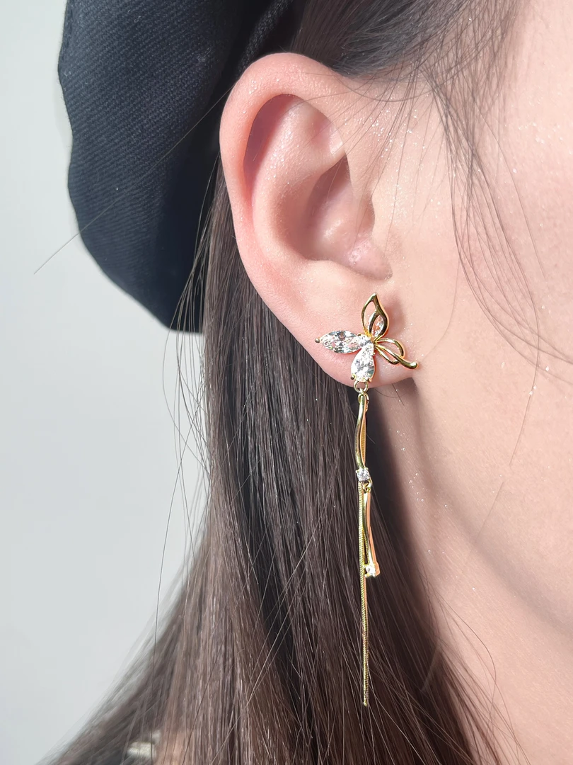 铜合金锆石耳饰 925银针精致时尚高级感镂空蝴蝶长款流苏气质耳饰