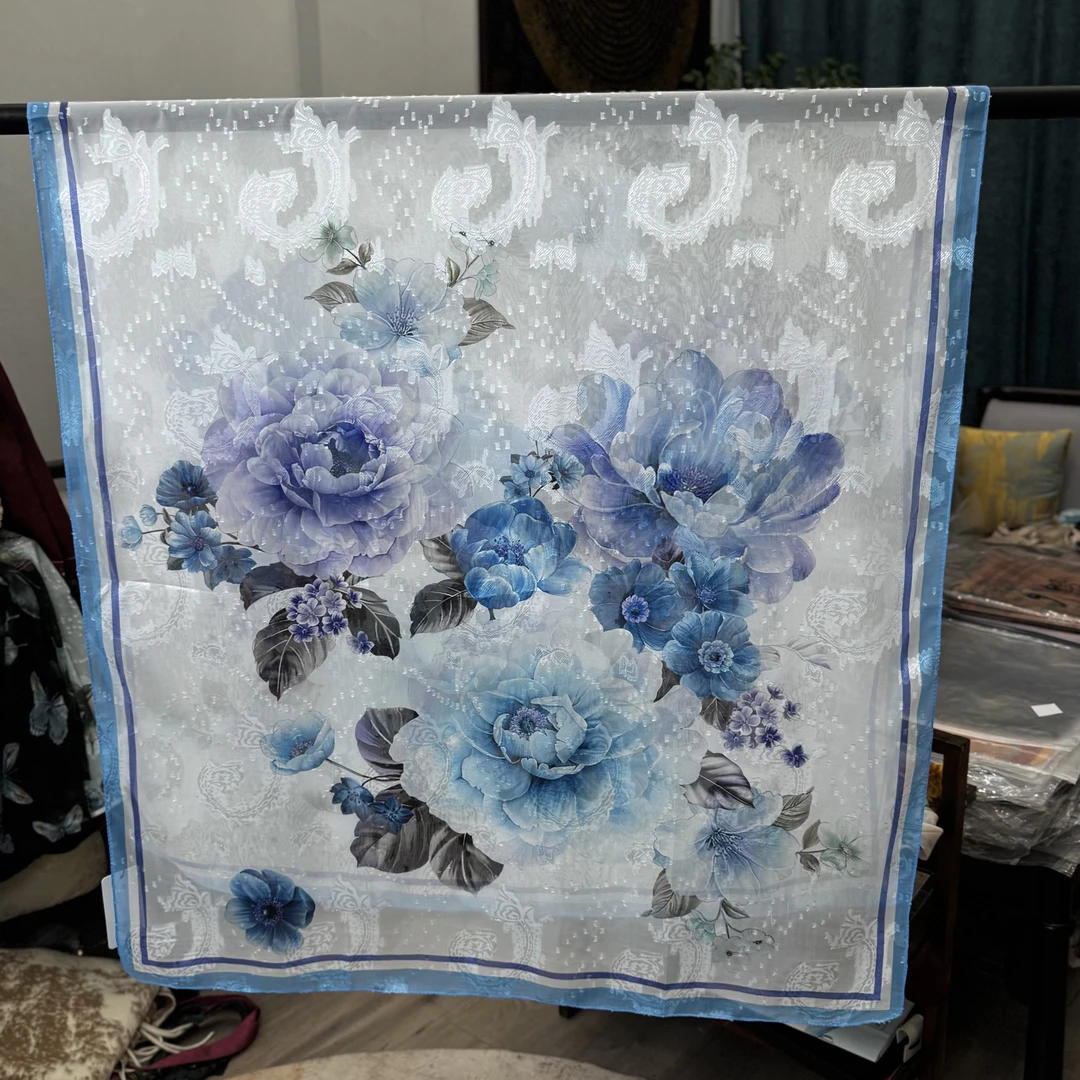 【C63-102 青花牡丹】180*90剪花丝巾围巾桑蚕丝百搭真丝提花气质