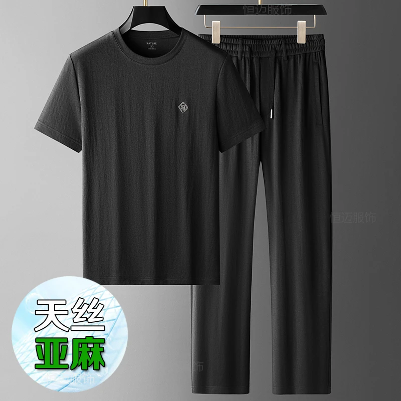 棉麻套装 夏季薄款亚麻套装男休闲运动阔腿短袖t恤爸爸天丝两件套