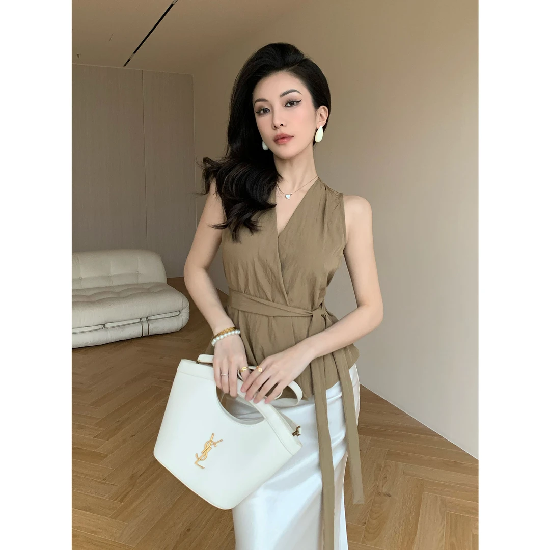 JIJINQI时尚气质显瘦法式无袖上衣设计感v领绑带背心JD03SZPT1043