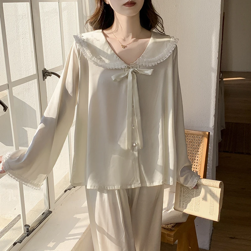 高级感冰丝女睡衣纯色新款长袖长裤家居服套装船袜不掉脚跟防滑女