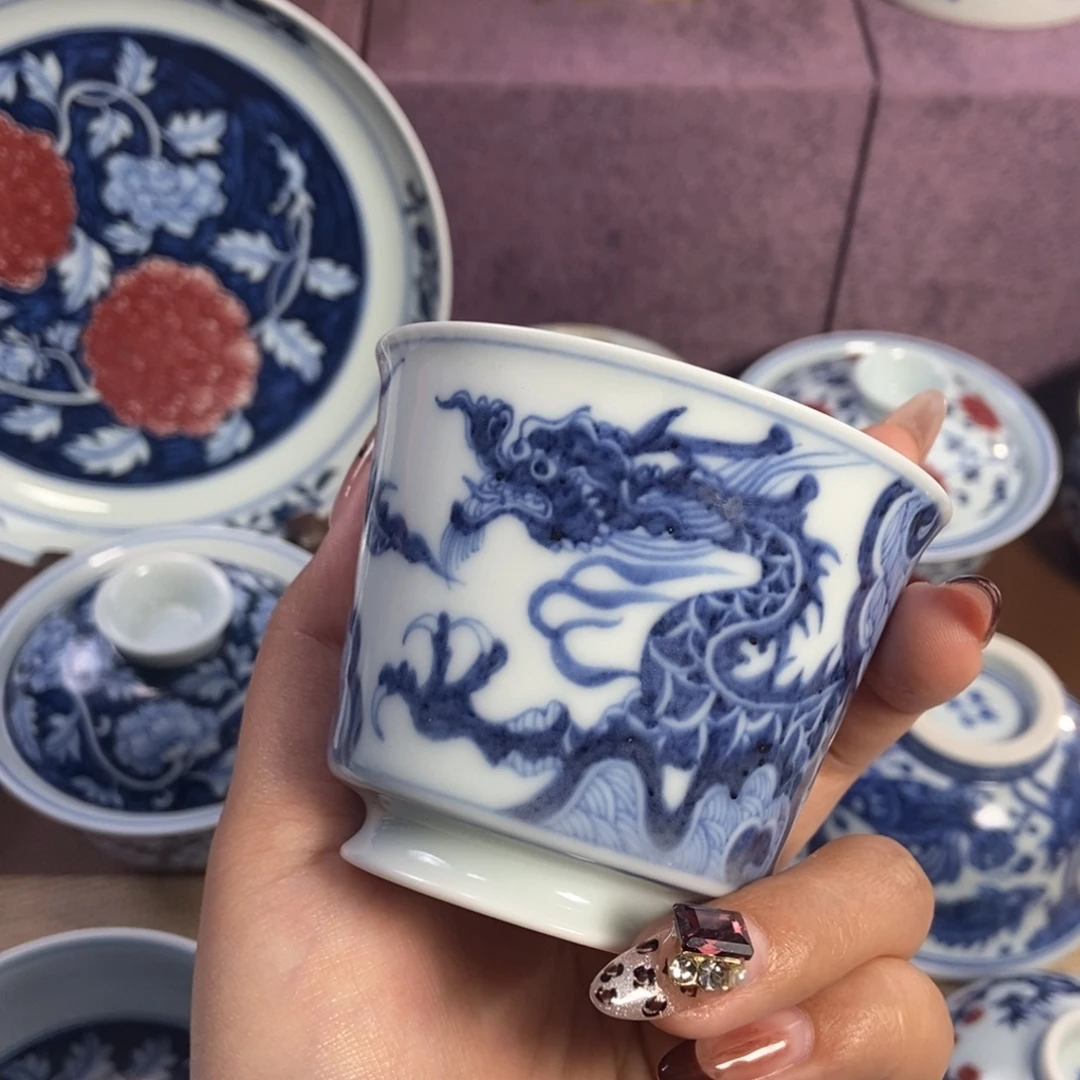 陶澄观柴窑青花海水龙纹小可乐杯