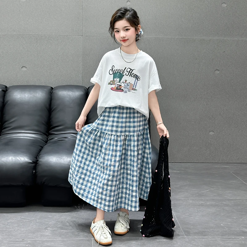 女童短袖裙子夏装2025新款洋气大童夏季女孩半身裙薄款儿童套装裙