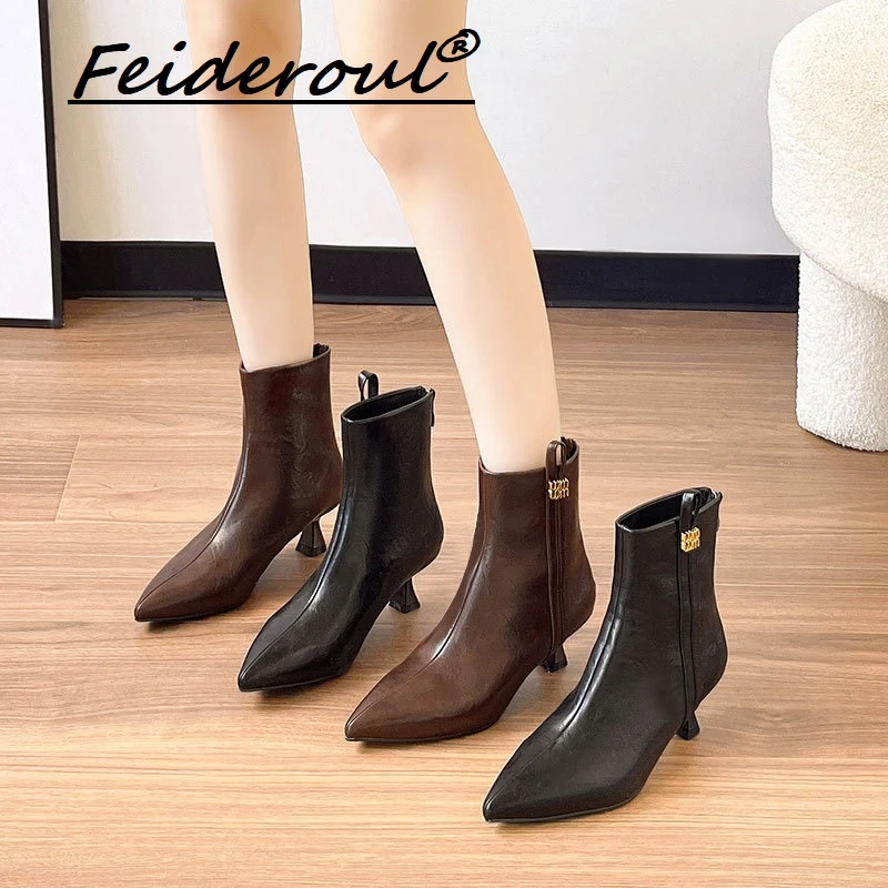 Feideroul短靴高跟尖头单靴2025款细跟高跟鞋显瘦靴子中筒时装靴