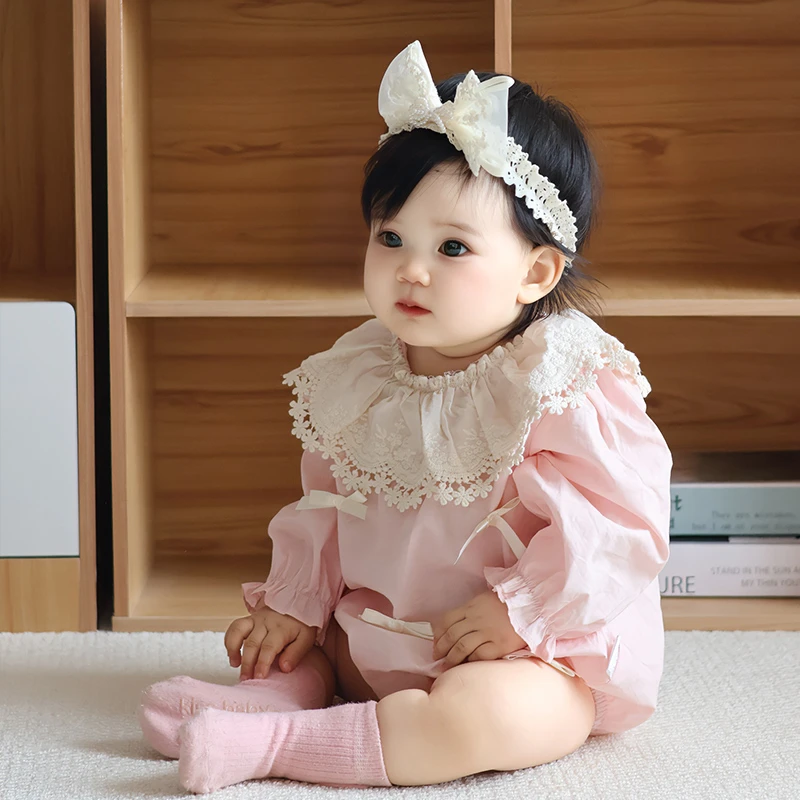 夏季春秋女孩长袖哈衣洋气女童花边秋季爬服三角爬韩版宝宝连体衣