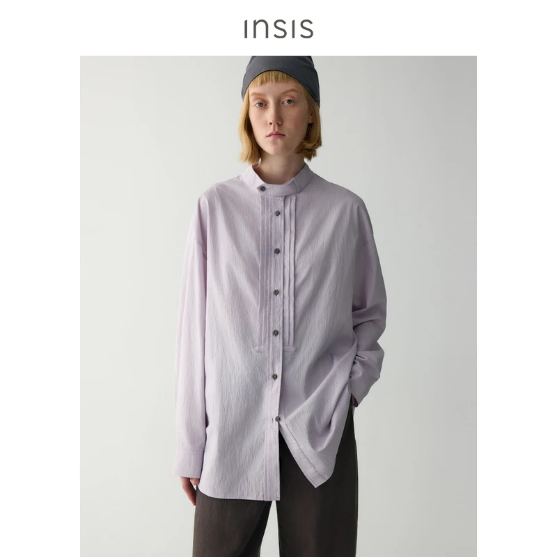 INSIS FEMME水洗皱感长绒棉2025春季宽松量感塔克褶小立领衬衫女