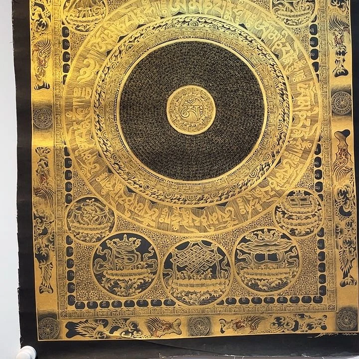 装裱画60×90纯手绘拉嘎王黑金六字真言