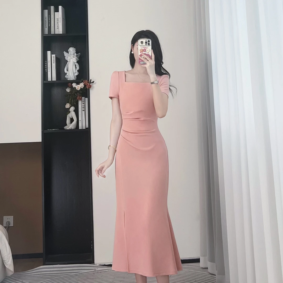 拉夏贝尔25夏气质赫本风通勤风名媛显瘦方领短袖连衣裙 10420 LSC