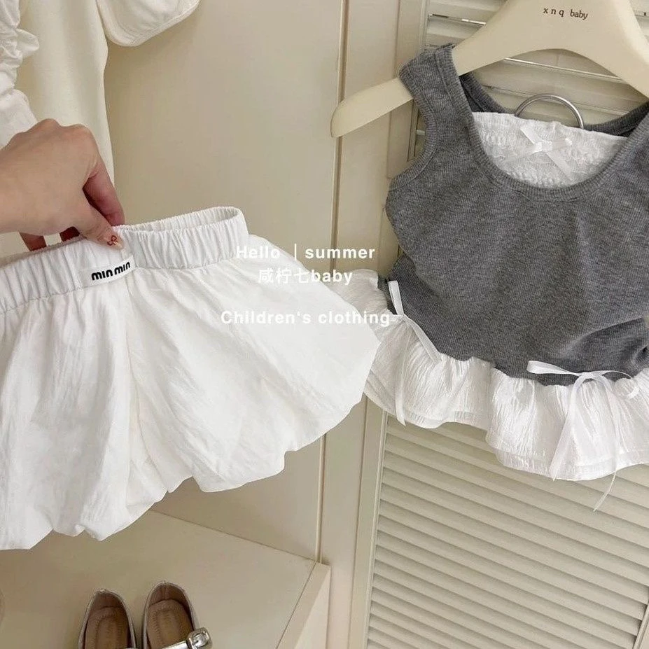 女童套装2025夏季新款儿童花边拼接背心花苞短裤两件套