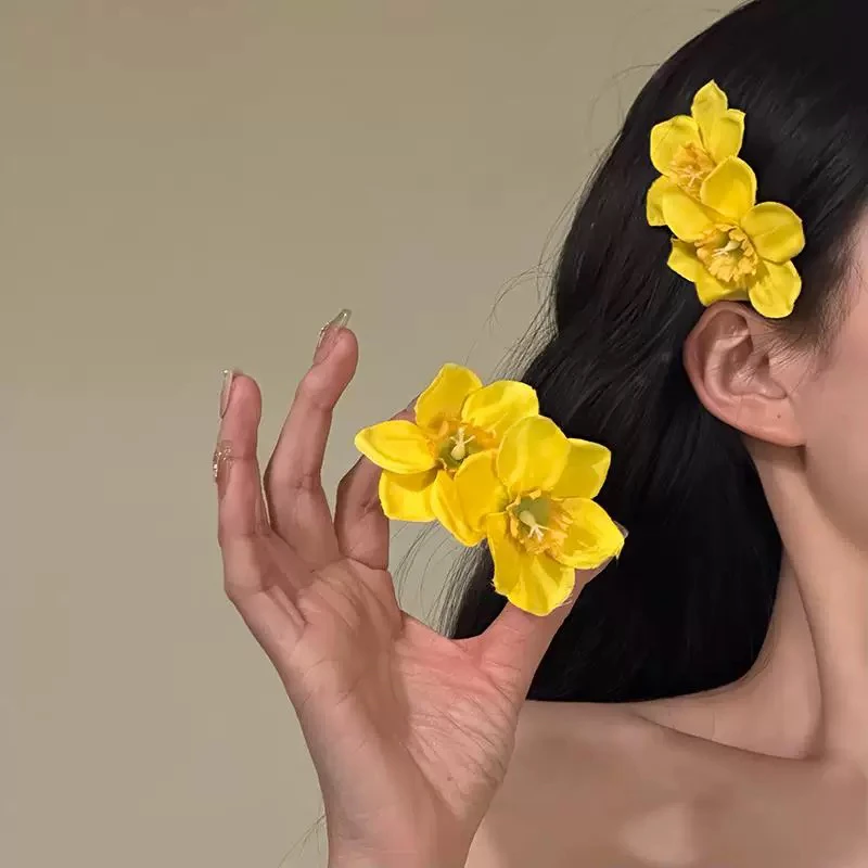 明媚黄色双生花朵发夹发饰高级感小众甜美可爱侧边夹发卡百搭头饰