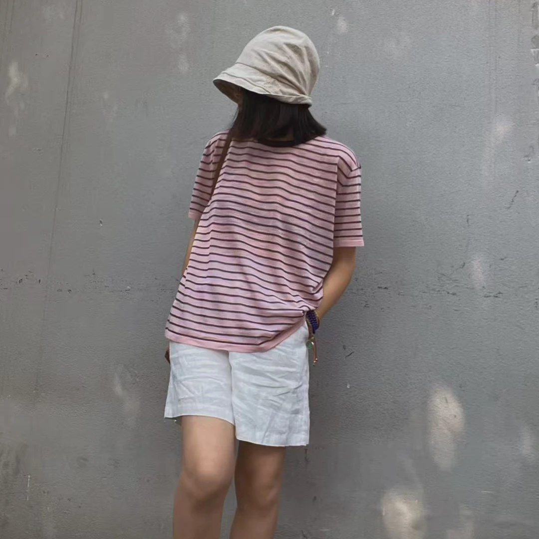 【竹外知时】夏日必备超级清凉的粉咖条纹T恤