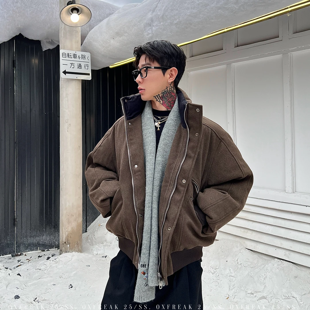 OXFREAK「解构切割 」羊毛混纺毛呢哈灵顿棉服男冬季加厚立领外套